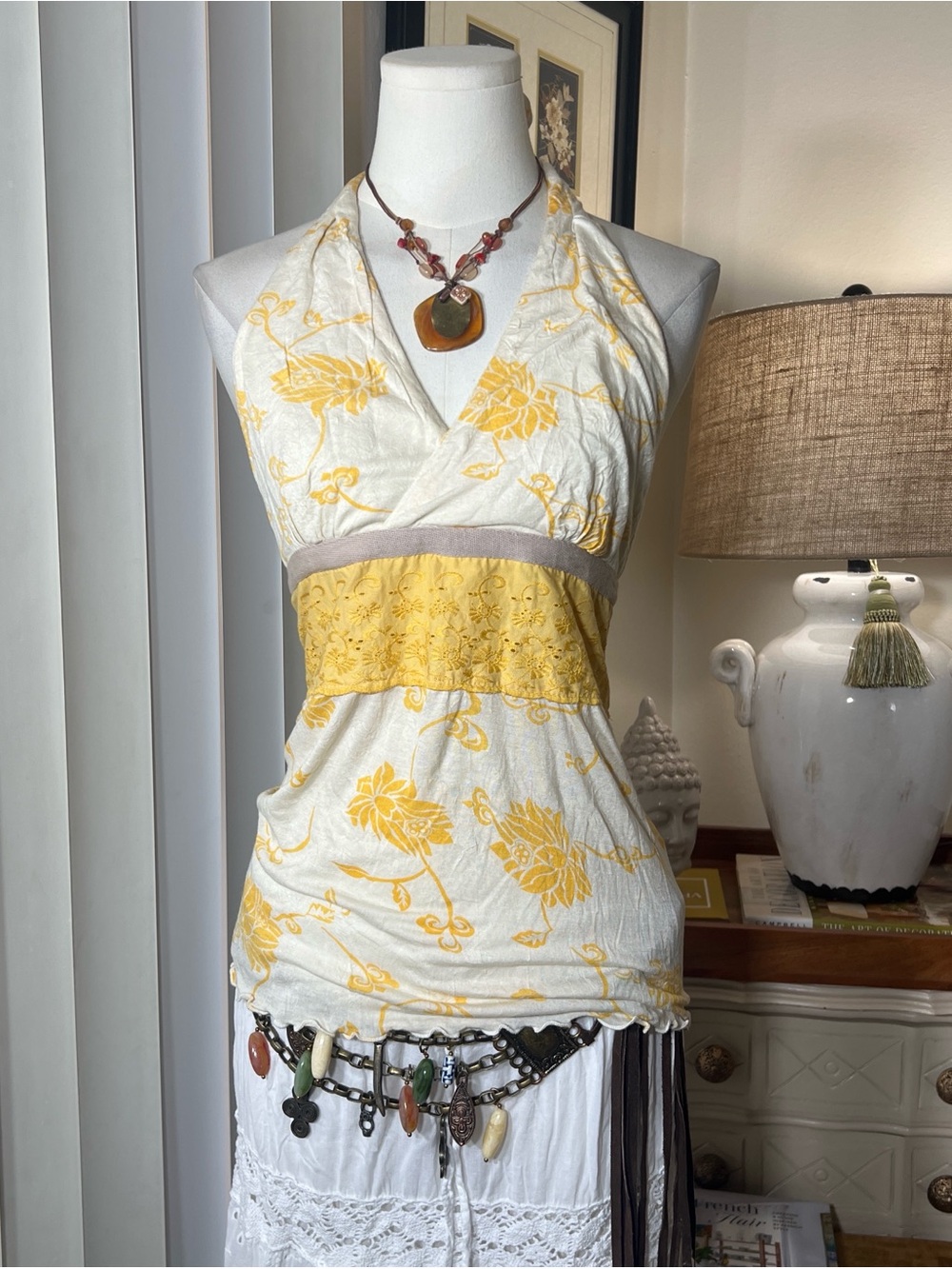 Free People Yellow Floral Halter Tank Top